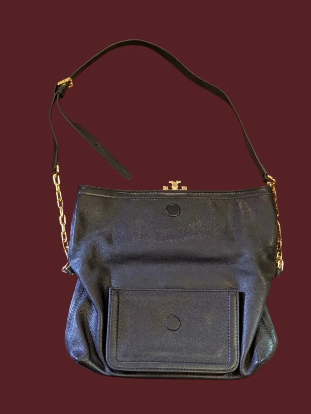 Tory Burch Sammy Dark Navy Gold Tone Hardware Pebbled Leather Magnetic Purse